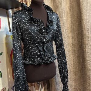 Do+Be, elegant long ruched bishop sleeve black/white polka dot blouse. Size S.